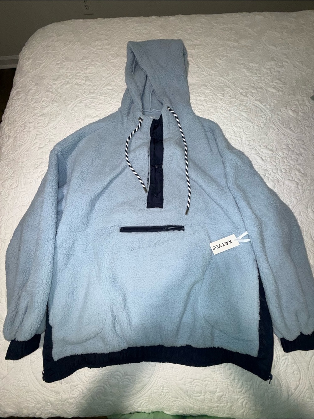 Katydid Light Blue Sherpa Zip Pullover Hoodie with Navy Accents